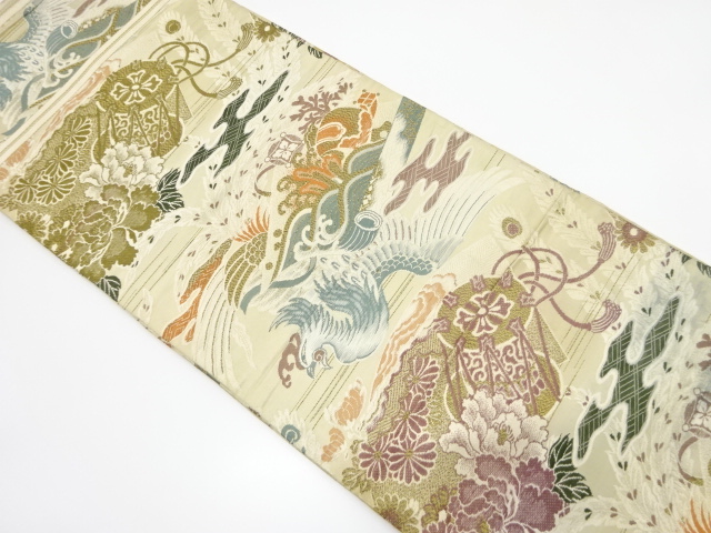 アンティーク　宝尽くしに鳳凰・鼓模様織り出し丸帯（材料）